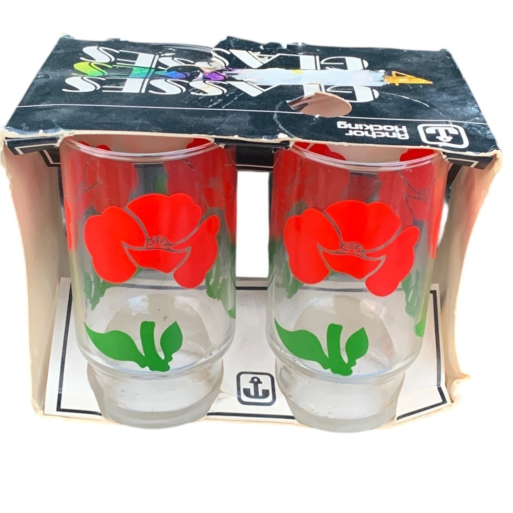 Vintage Anchor Hocking Red Floral Glasses Set in Box Red Poppy Flower Beverage